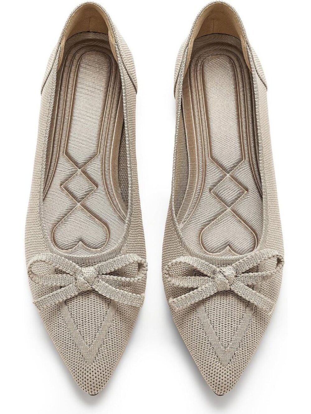 Women's Beige Pointed Toe Bow Knit Ballet Flats Comfortable Slip On Dressy Shoes